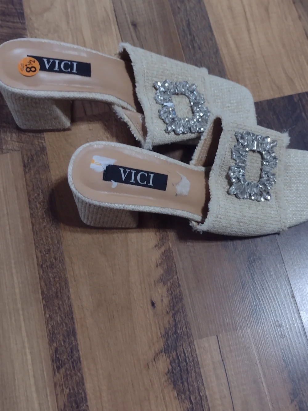 Embellished Cream Slide Sandals with Crystal Buckle Size 8.5